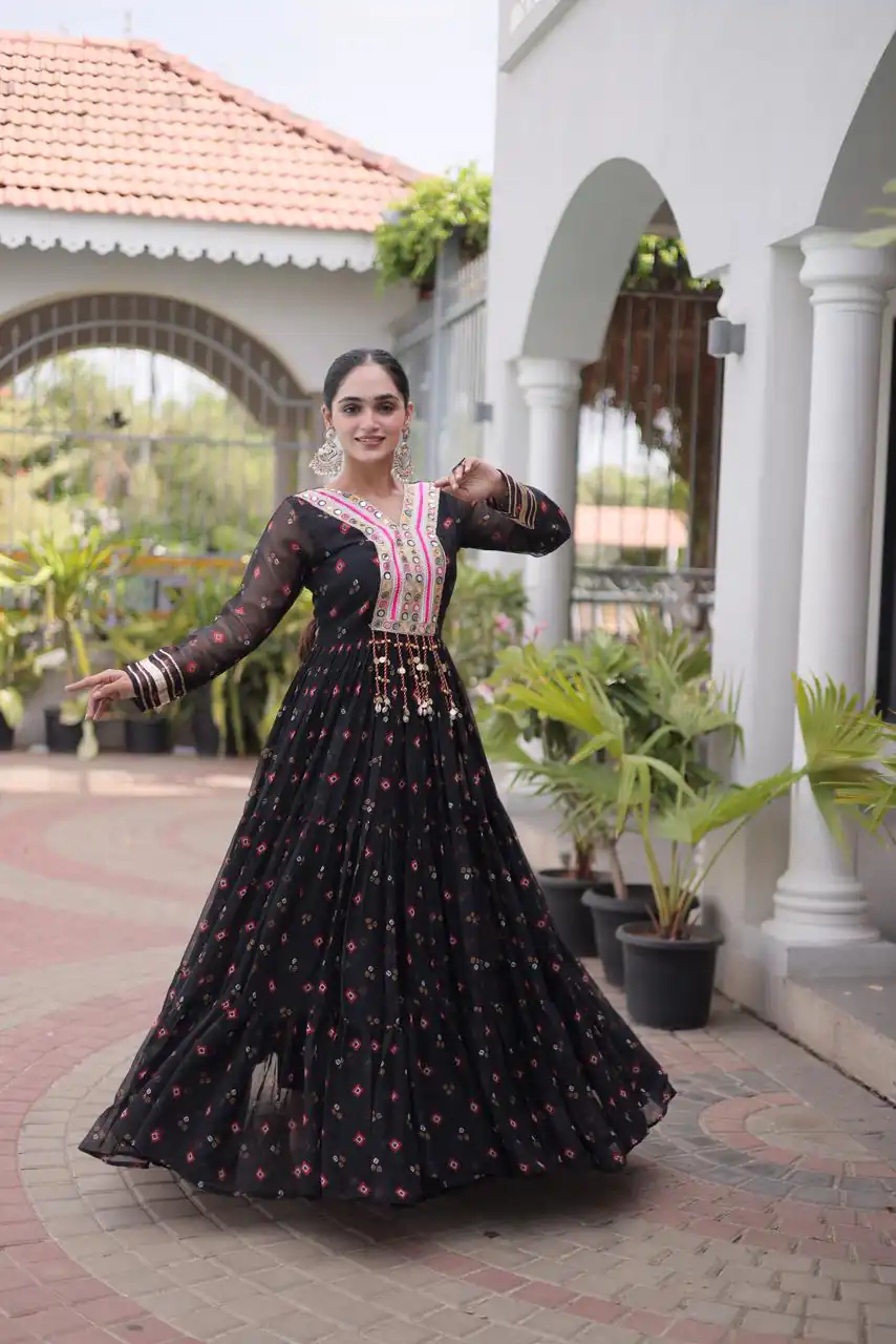 Cool Black Faux Georgette Laheriya Print Work Gown