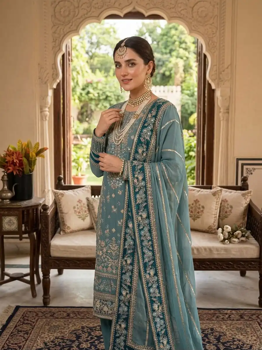 Cool Blue Fox Georgette Embroidery Work Salwar Suit