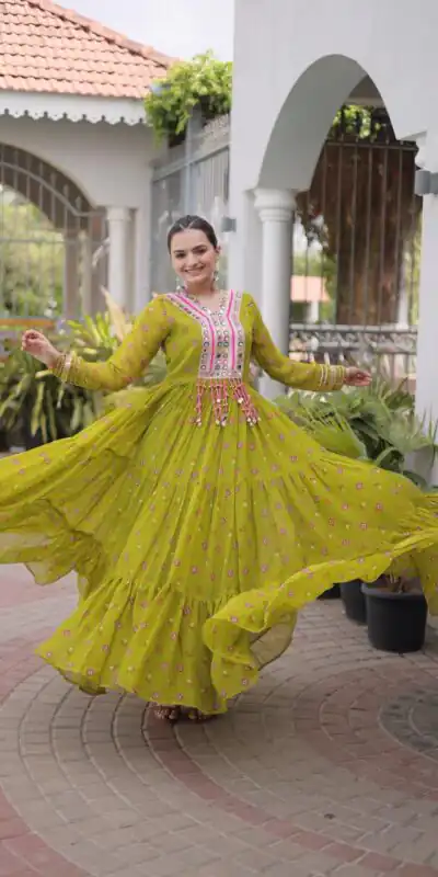 Cool Lime Yellow Faux Georgette Laheriya Print Work Gown