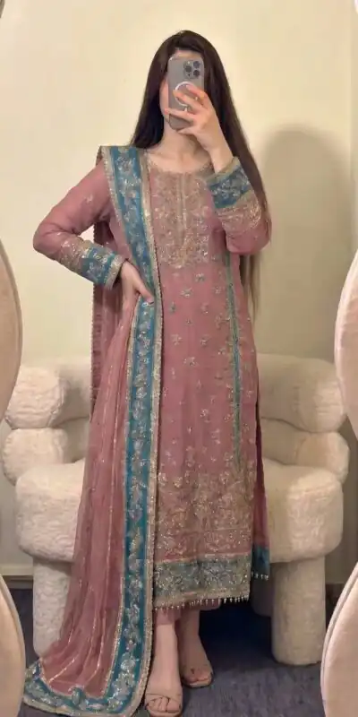 Cool Peach Fox Georgette Embroidery Work Salwar Suit