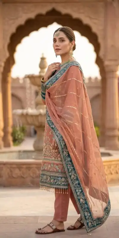 Cool Peach Fox Georgette Embroidery Work Salwar Suit