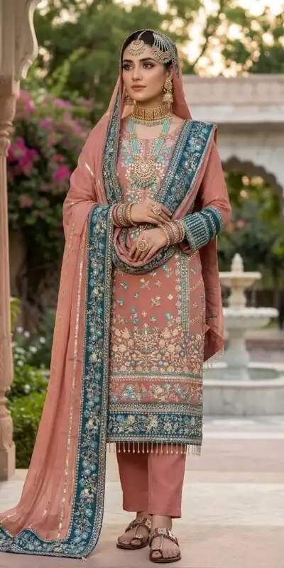 Cool Peach Fox Georgette Embroidery Work Salwar Suit
