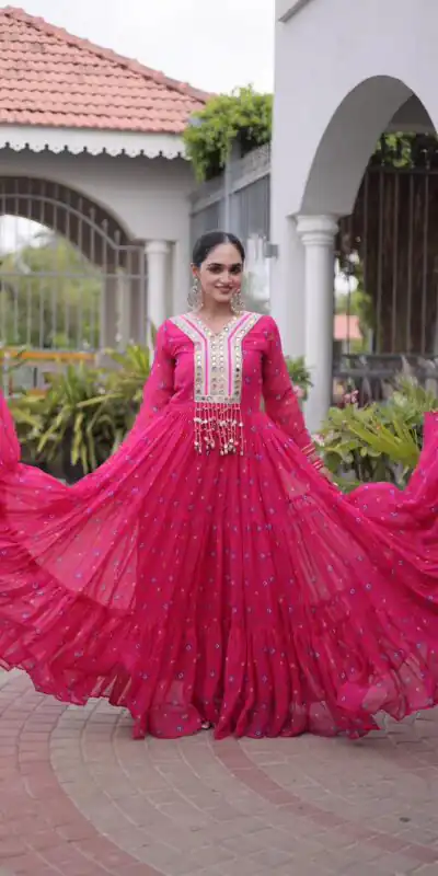 Cool Pink Faux Georgette Laheriya Print Work Gown