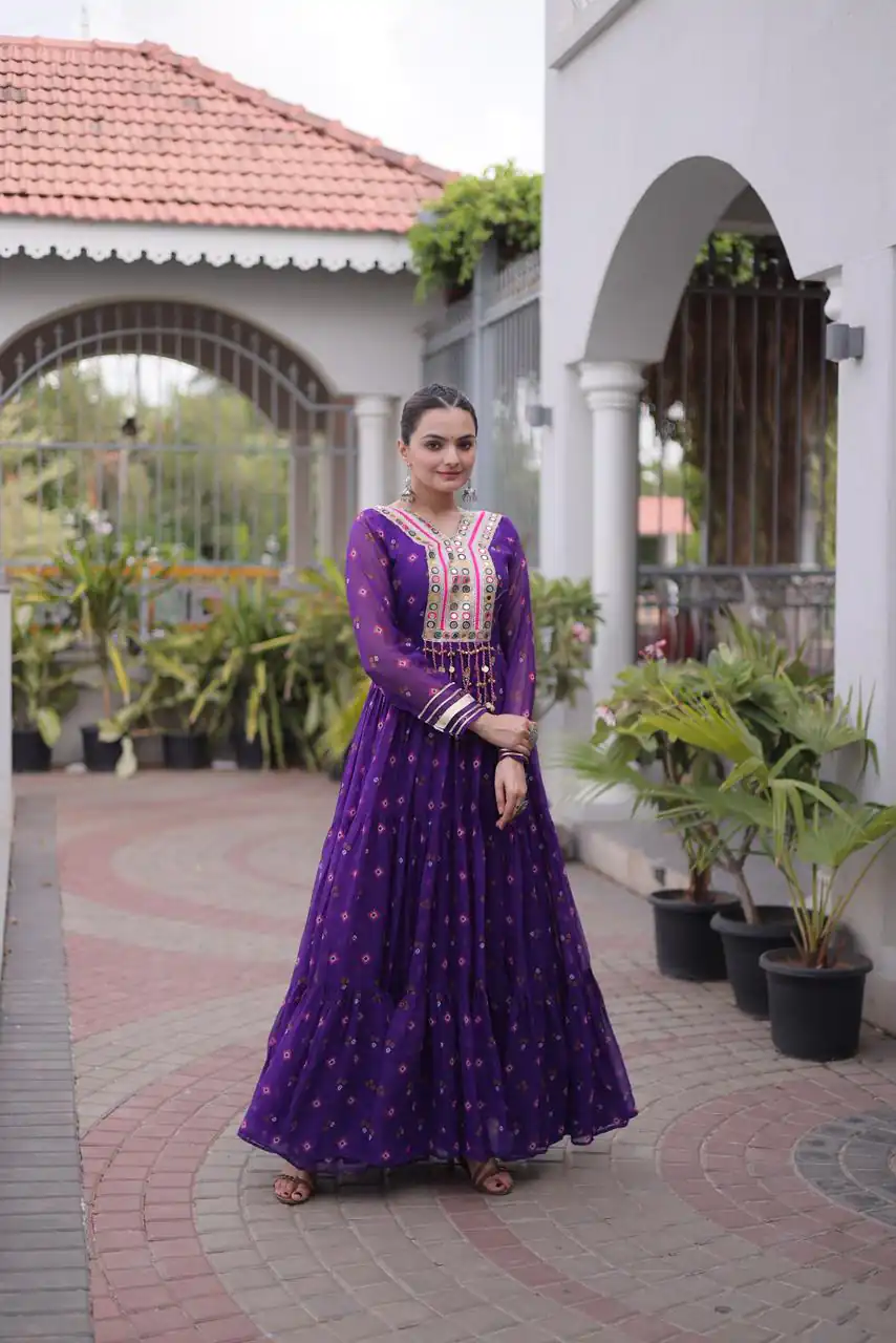 Cool Purple Faux Georgette Laheriya Print Work Gown