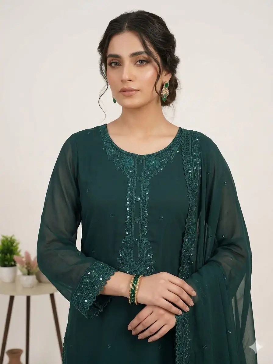 Cool Teal Faux Georgette Sequence Work Salwar Suit