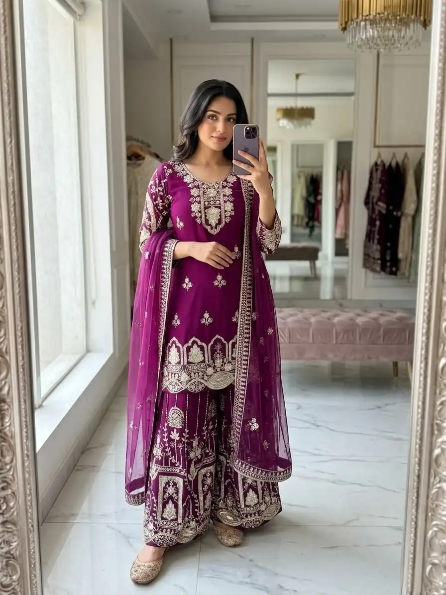 Cool Wine Faux Georgette Sequence Work Salwar Suit