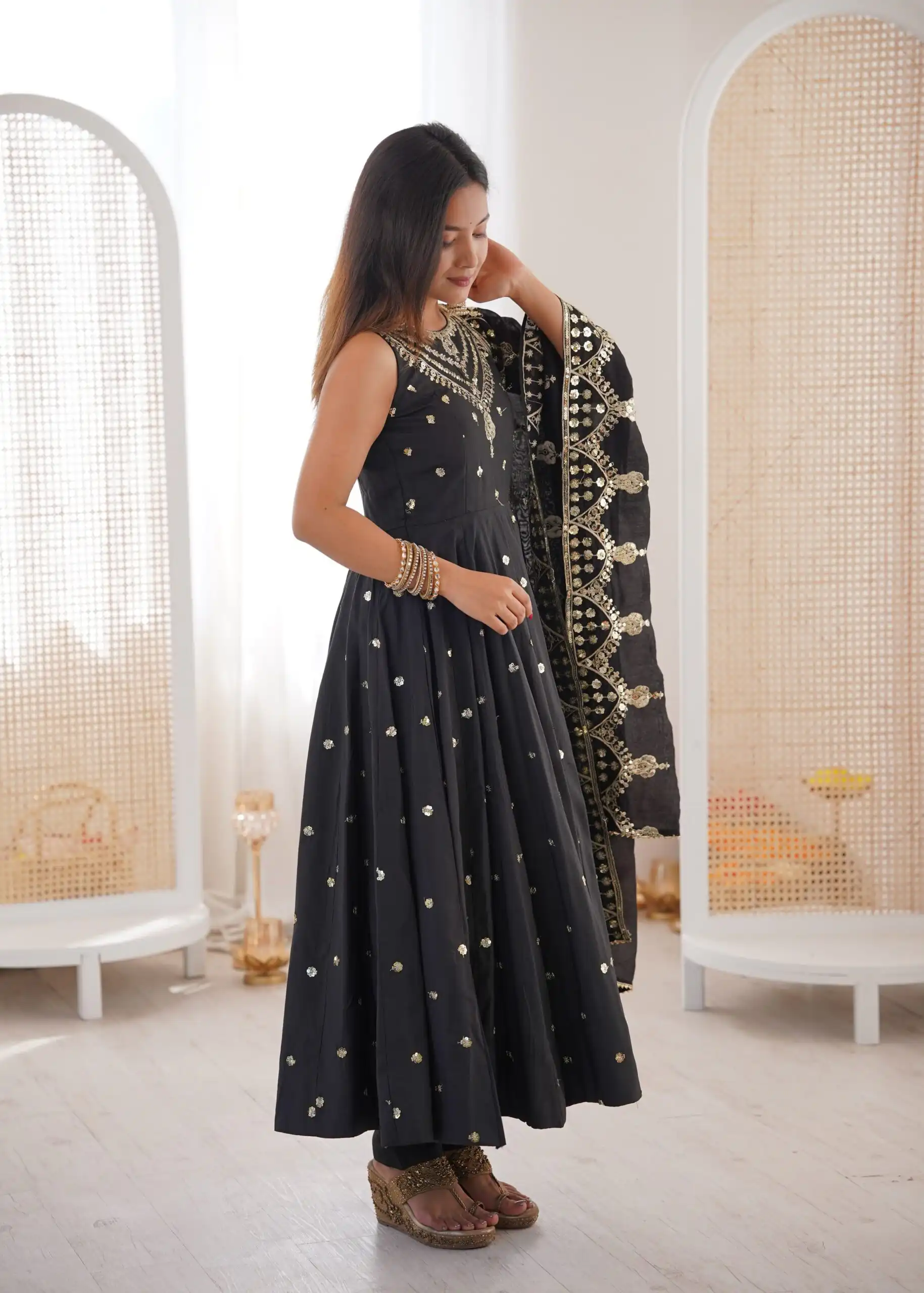 Elegant Black Roman Silk Embroidery Work Gown