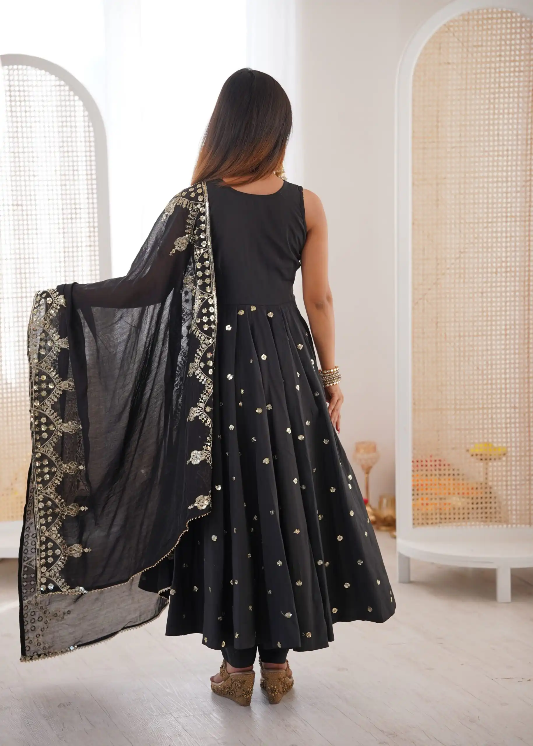 Elegant Black Roman Silk Embroidery Work Gown