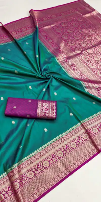 Elegant Firozi Soft Banarasi Silk Zari Moti Work Saree