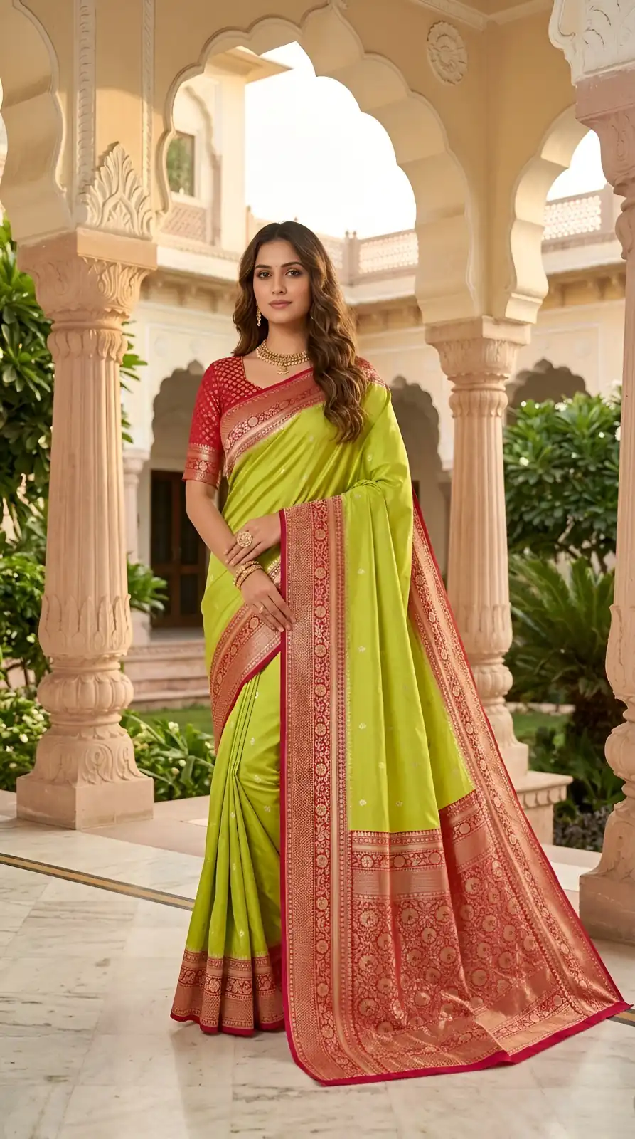 Elegant Parrot Green Soft Banarasi Silk Zari Moti Work Saree