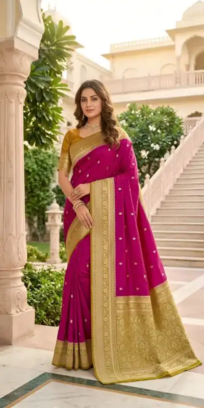 Elegant Pink Soft Banarasi Silk Zari Moti Work Saree