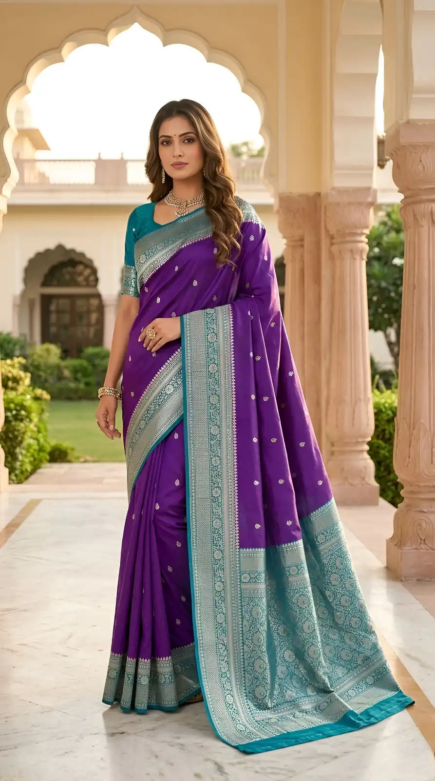 Elegant Purple Soft Banarasi Silk Zari Moti Work Saree
