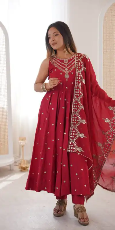 Elegant Red Roman Silk Embroidery Work Gown