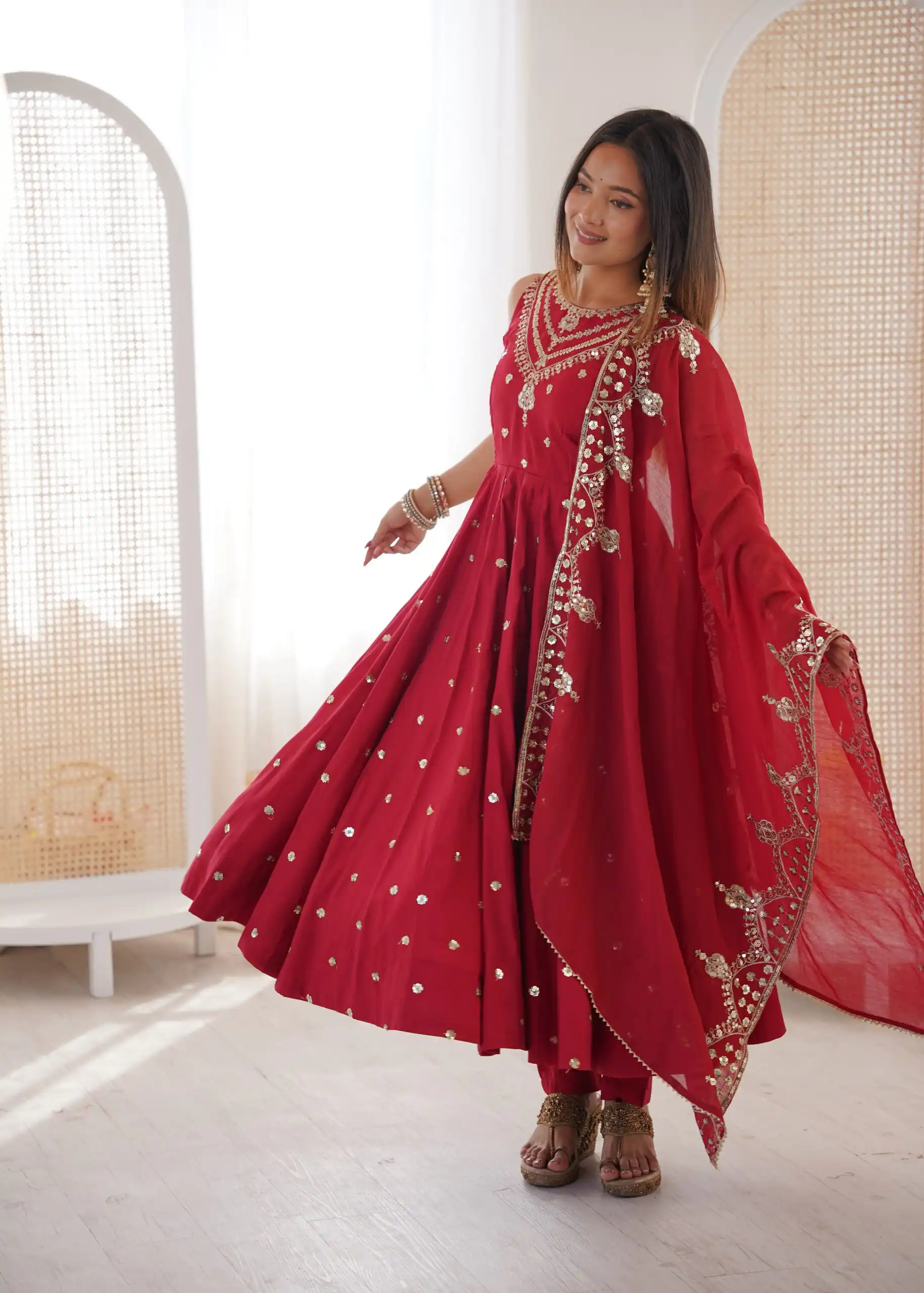 Elegant Red Roman Silk Embroidery Work Gown