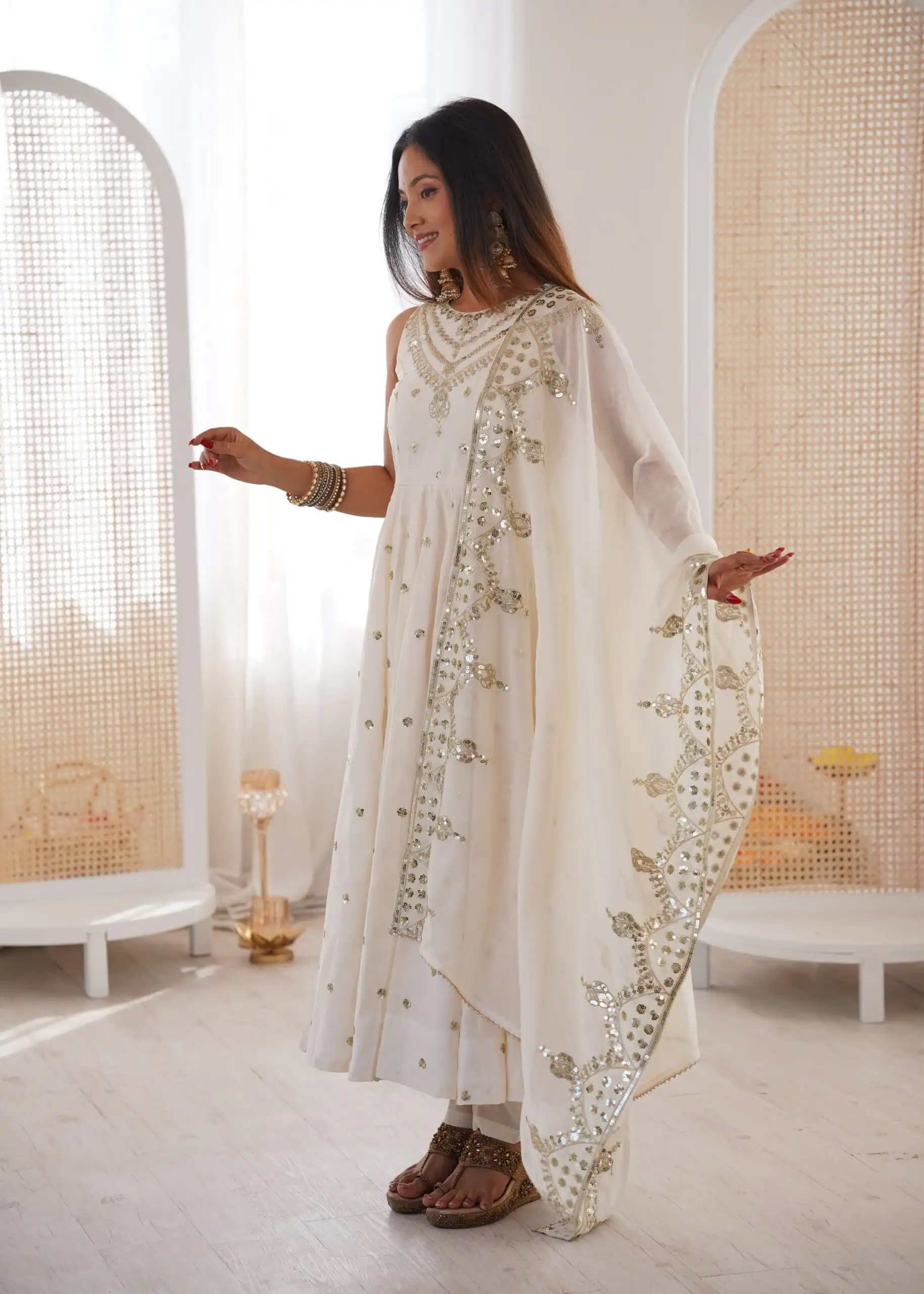 Elegant White Roman Silk Embroidery Work Gown