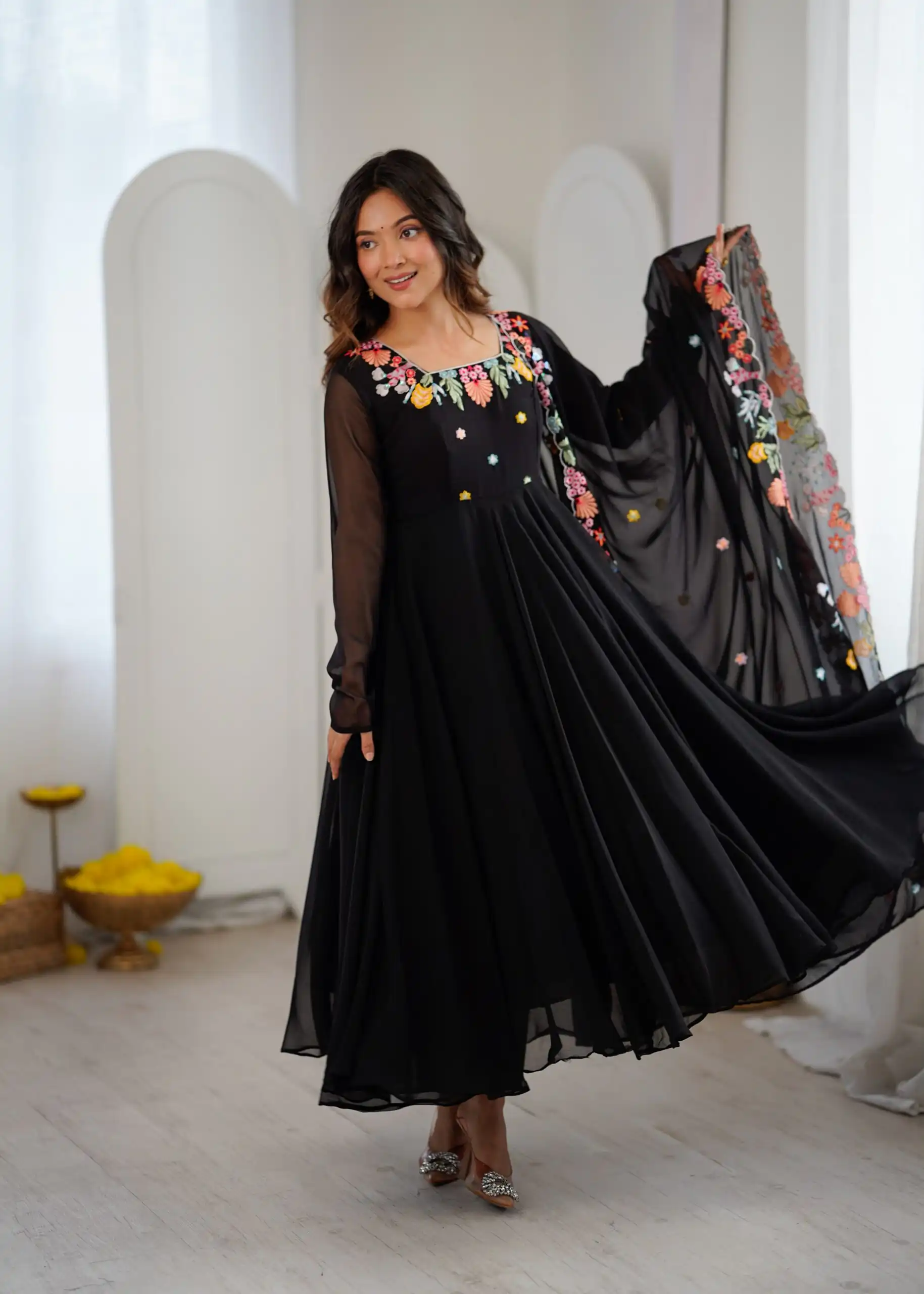 Fancy Black Faux Georgette Embroidery Work Salwar Suit