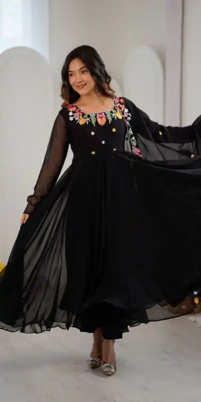 Fancy Black Faux Georgette Embroidery Work Salwar Suit