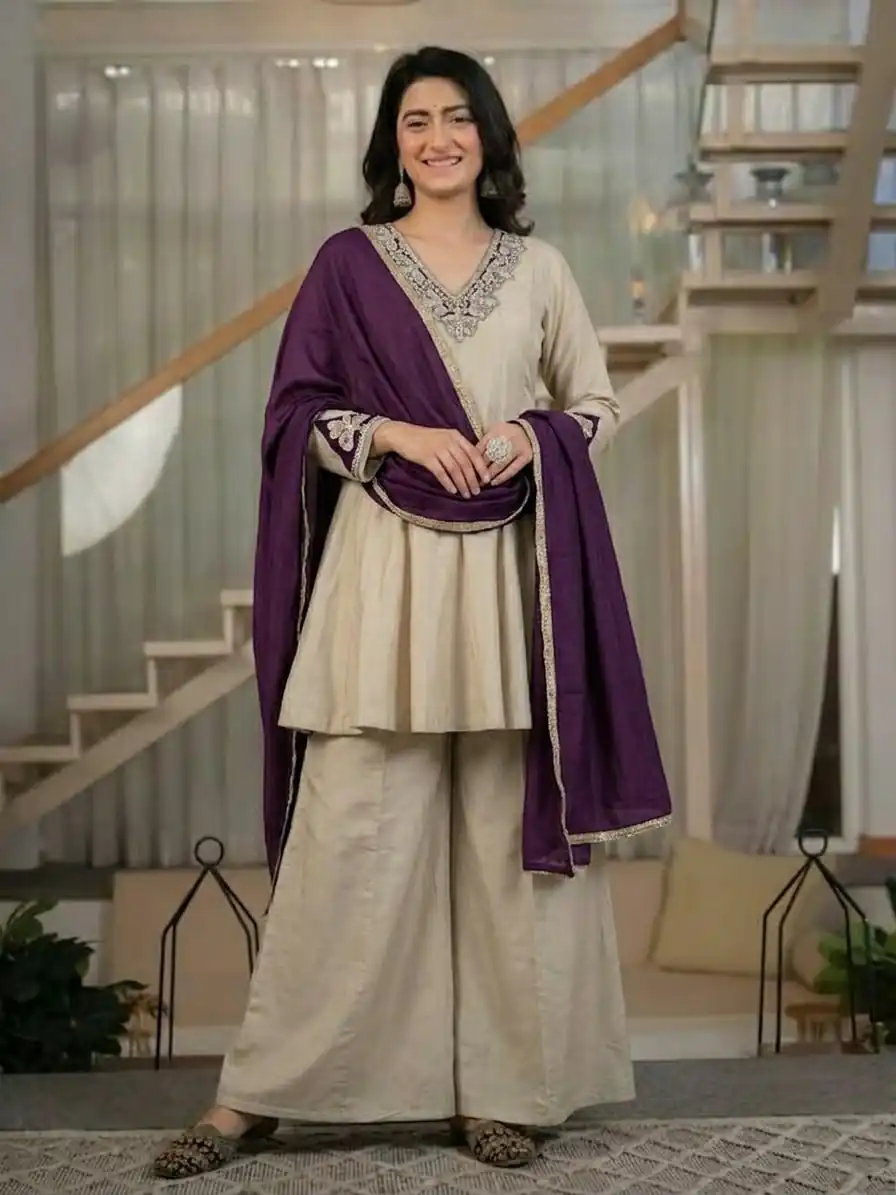 Fancy Cream Roman Silk Embroidery Work Salwar Suit