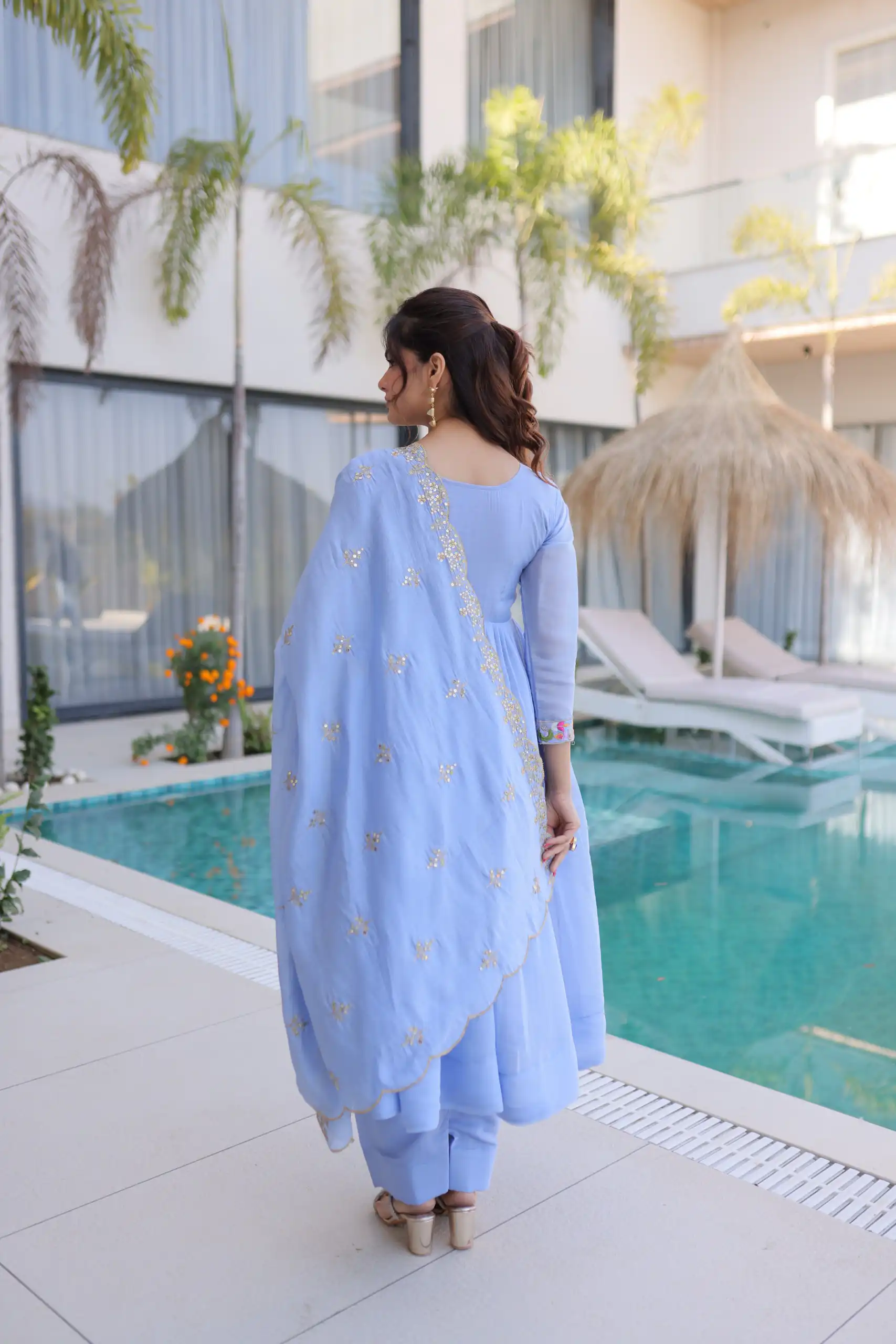 Fancy Lavender Roman Silk Embroidery Bead Work Gown