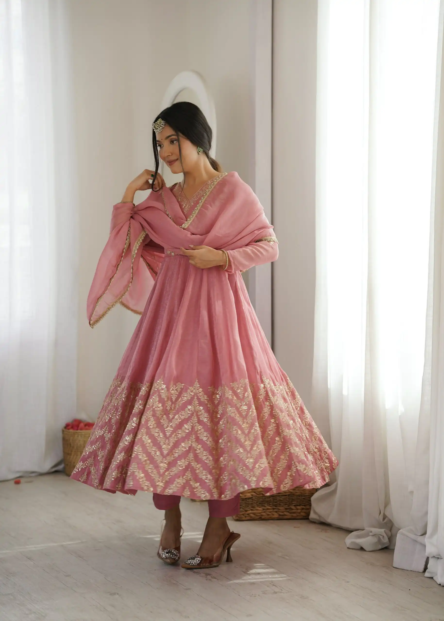 Fancy Peach Crunchy Silk Embroider Work Anarkali Suit