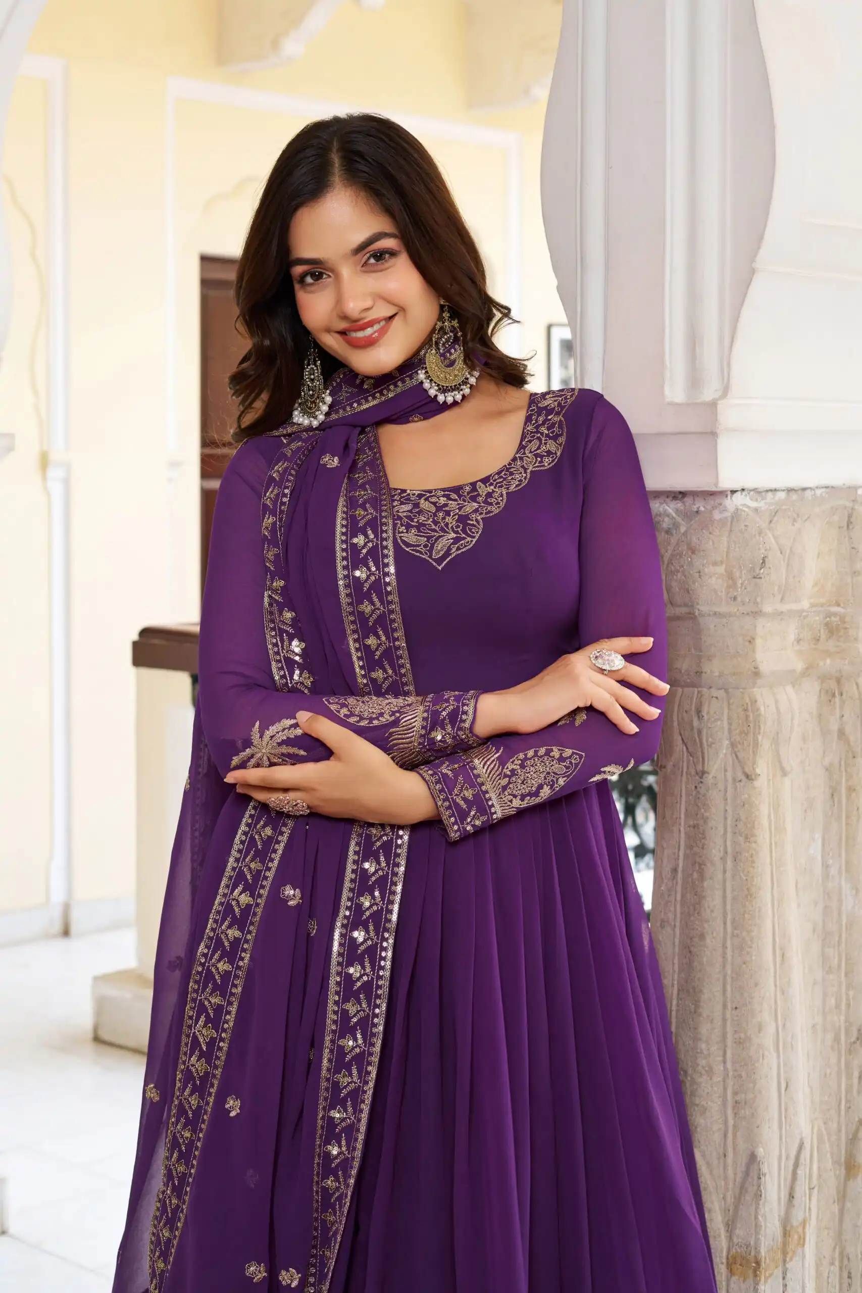 Fancy Purple Faux Georgette Sequence Work Anarkali Suit