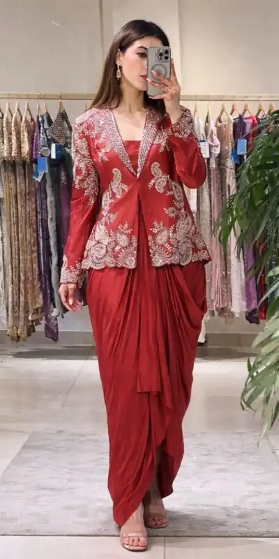 Fancy Red Rangoli Silk Sequins Embroidery Work Dhoti Suit