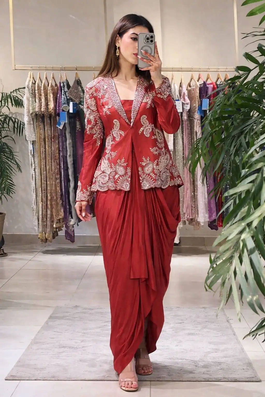 Fancy Red Rangoli Silk Sequins Embroidery Work Dhoti Suit