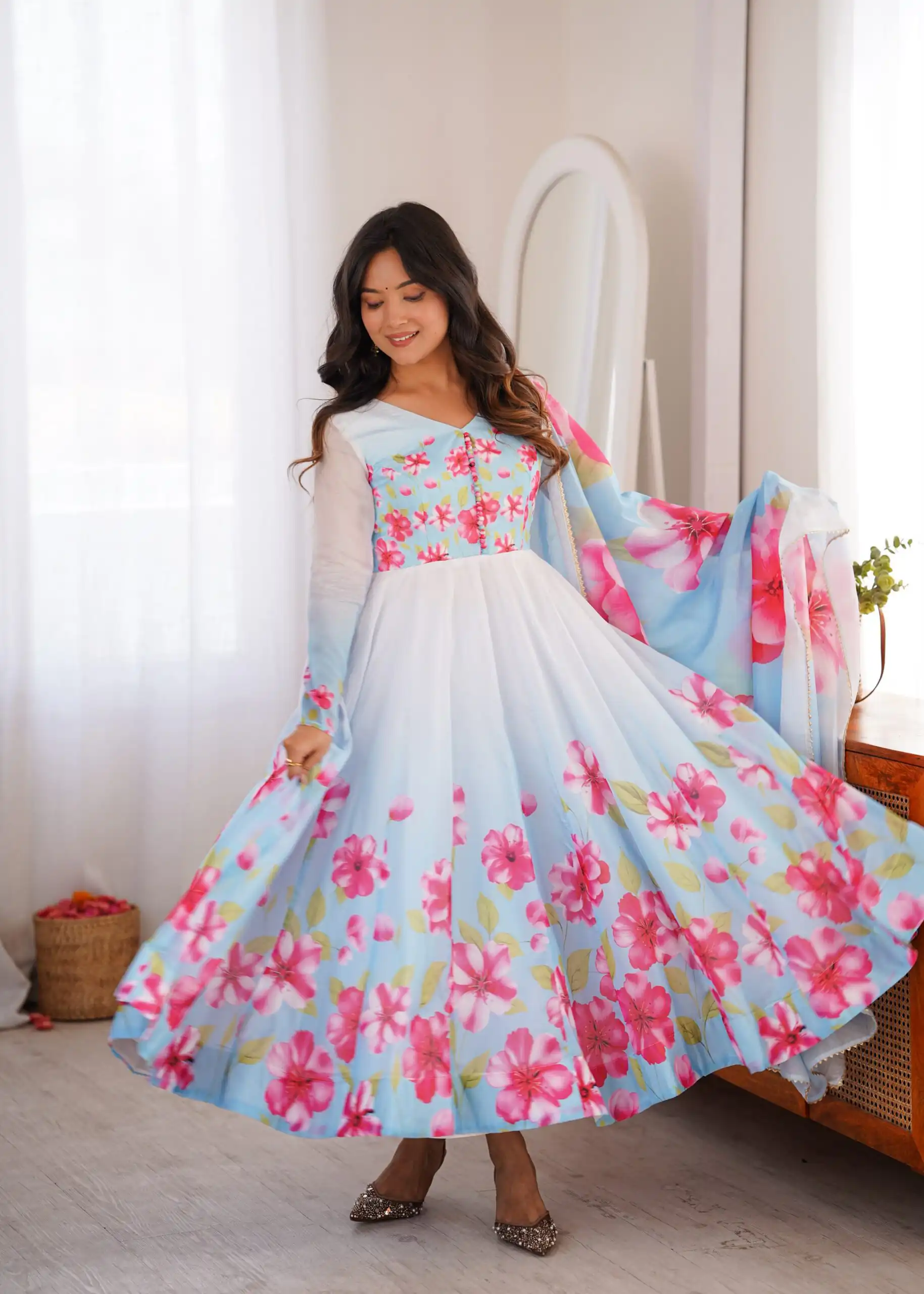 Fancy Sky Blue Organza Silk Gotta Patti Work Anarkali Suit