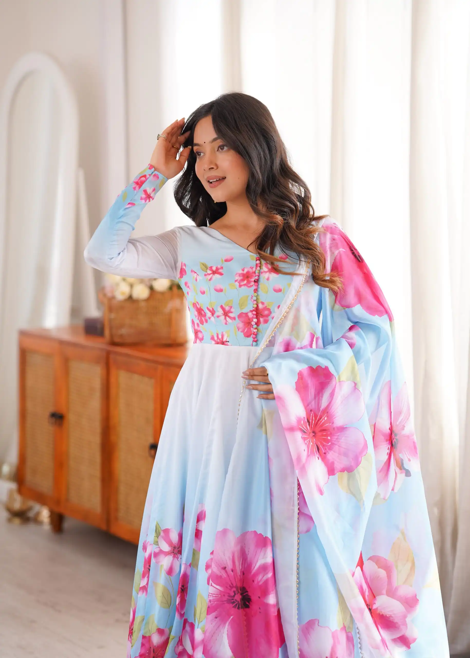 Fancy Sky Blue Organza Silk Gotta Patti Work Anarkali Suit