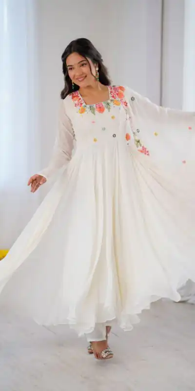 Fancy White Faux Georgette Embroidery Work Salwar Suit