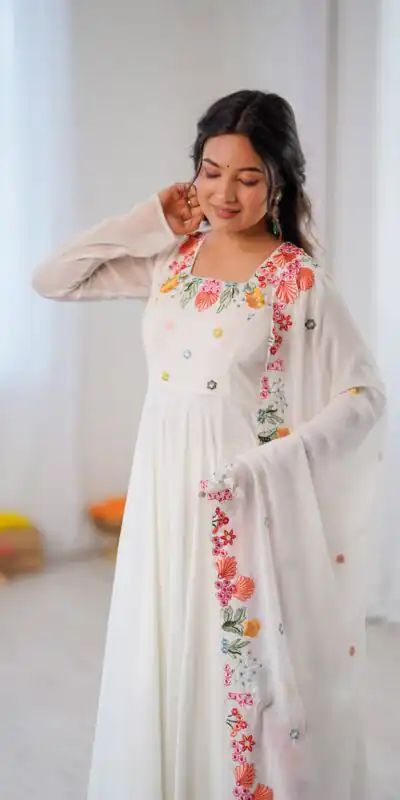 Fancy White Faux Georgette Embroidery Work Salwar Suit