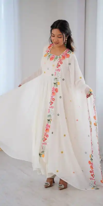 Fancy White Faux Georgette Embroidery Work Salwar Suit