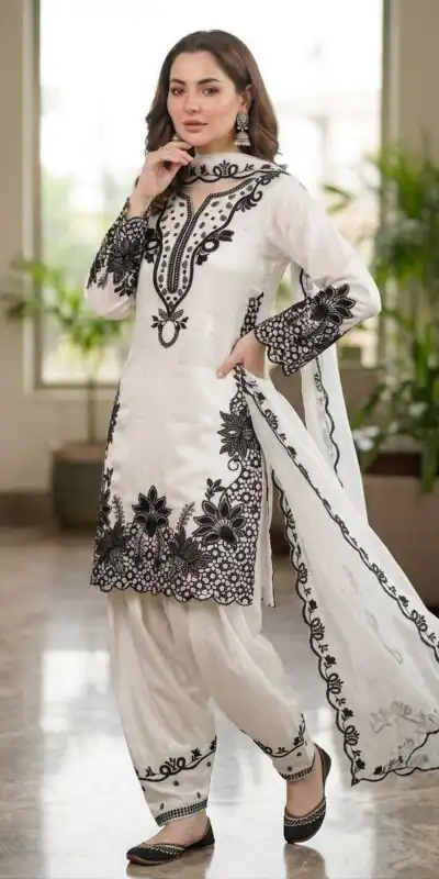 Fancy White Glass Roman With Sequins Work Salwar Suit