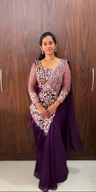 Fancy Wine Faux Georgette Embroider Work Saree