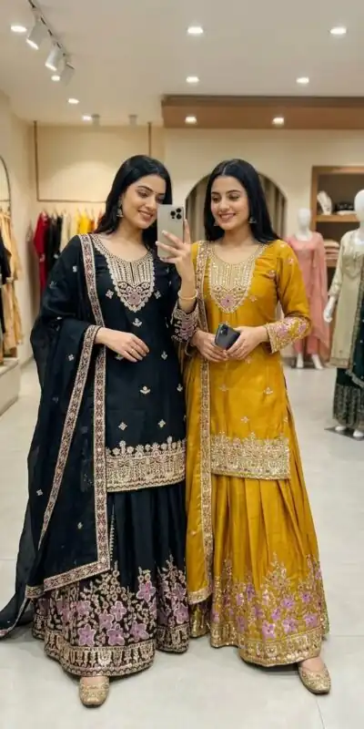 Glowing Black Chinon Silk Embroidery Work Salwar Suit