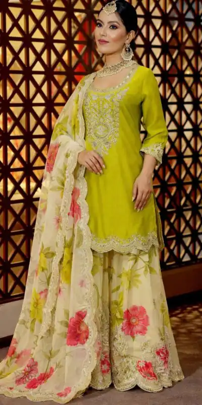 Glowing Green Chinon Silk Embroider Work Salwar Suit