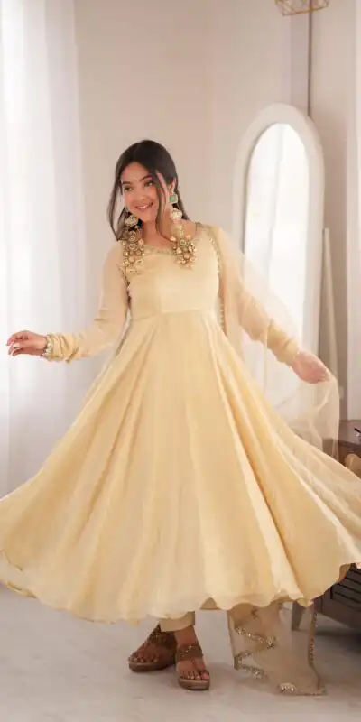 Glowing Off White Doremon Crush Real Mirror Work Gown
