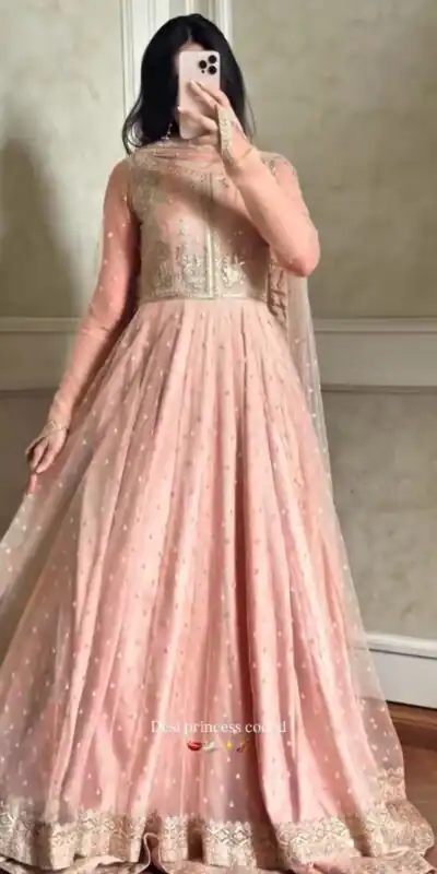 Glowing Peach Faux Georgette Sequins Work Gown