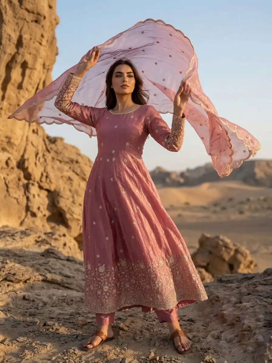 Glowing Peach Fendy Silk Sequins Thread Work Gown