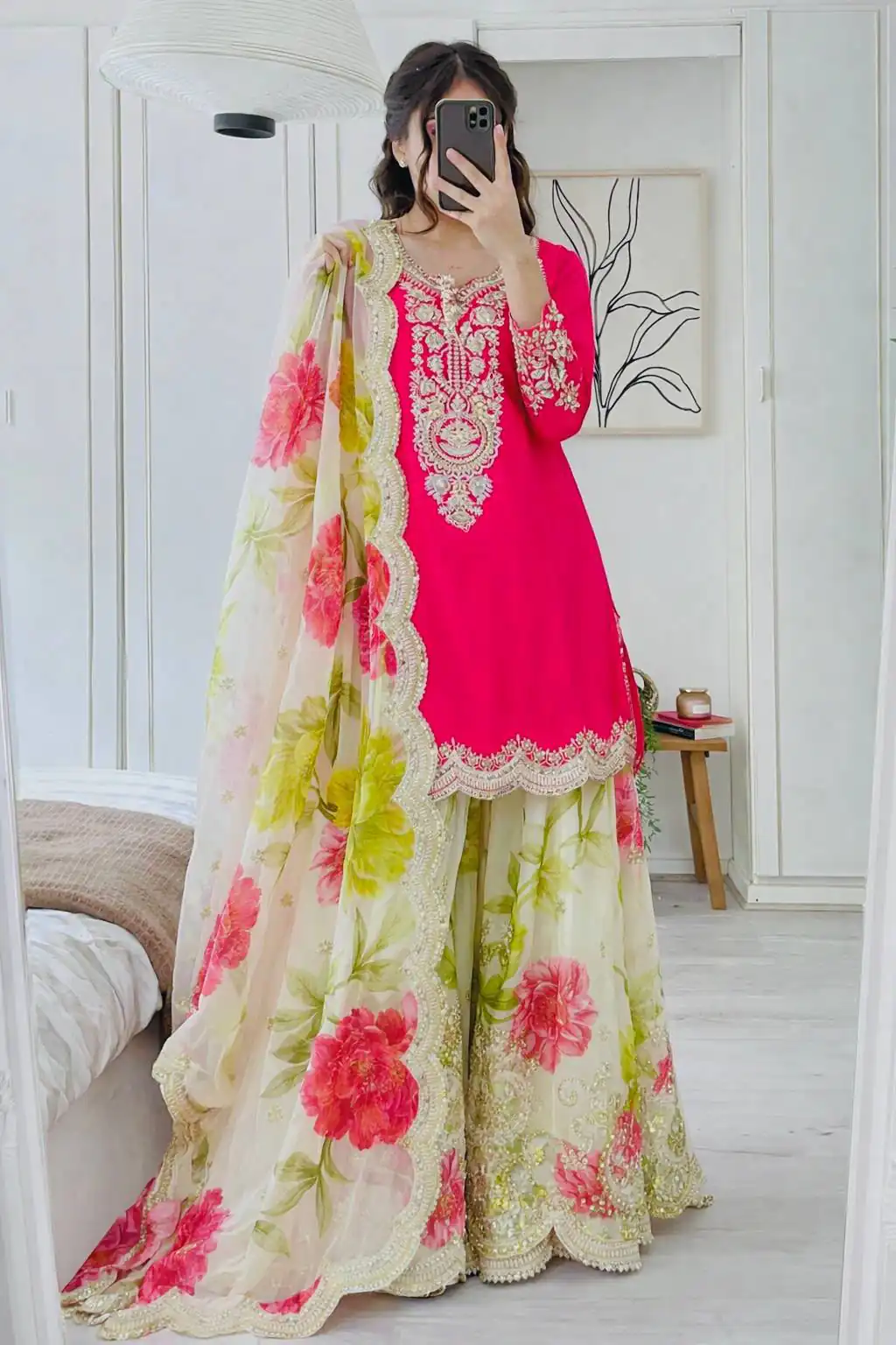 Glowing Pink Chinon Silk Embroider Work Salwar Suit