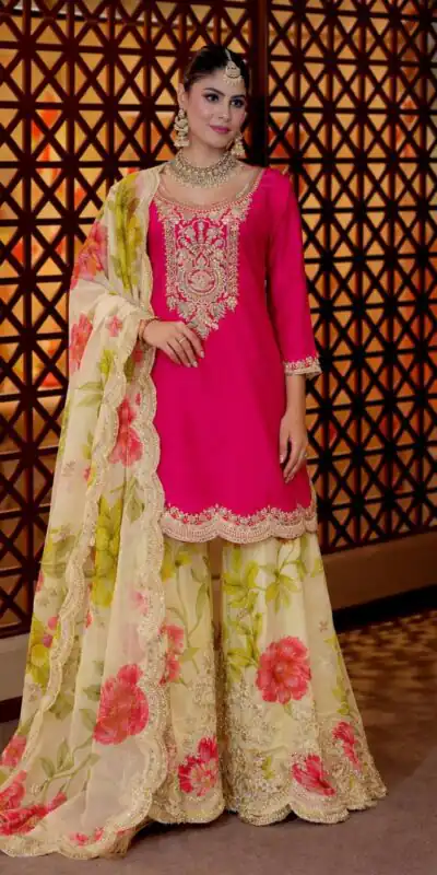 Glowing Pink Chinon Silk Embroider Work Salwar Suit