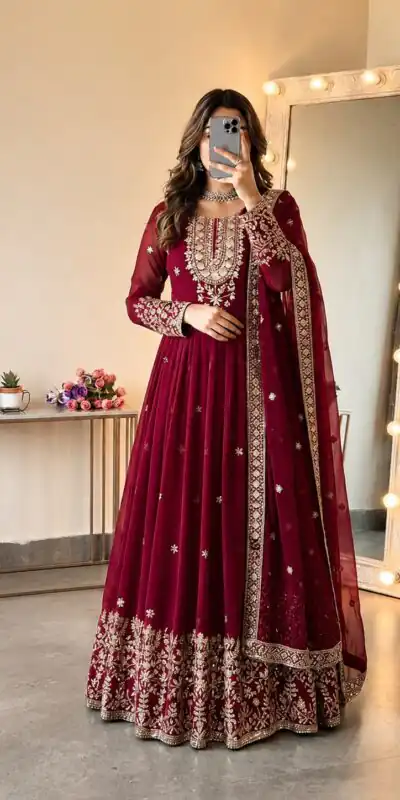 Glowing Red Georgette Embroidery Sequins Work Gown