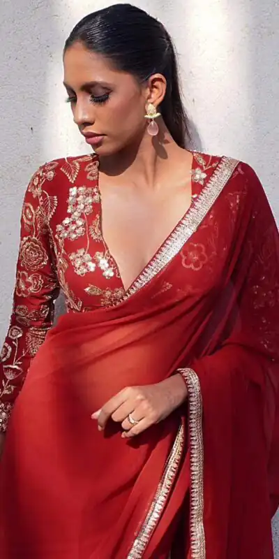 Glowing Red Georgette Sequins Embroidery Work Saree