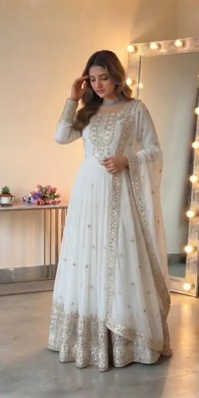 Glowing White Georgette Embroidery Sequins Work Gown