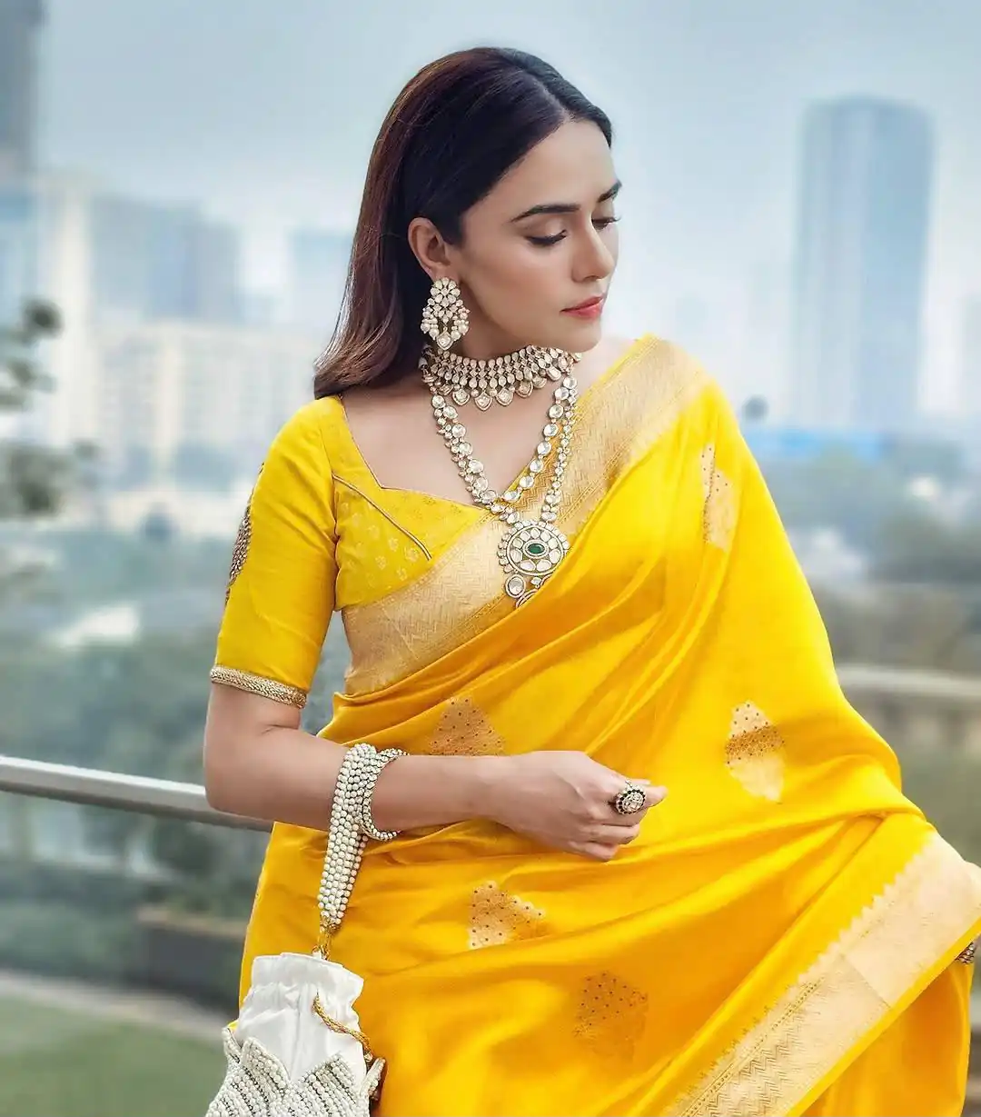 Glowing Yellow Soft Lichi Silk Jacquard Work Saree