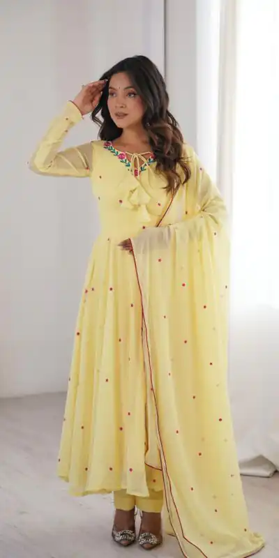 Gorgeous Yellow Faux Georgette Embroidery Work Salwar Suit