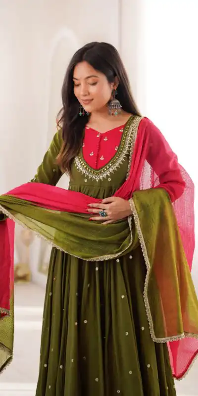 Lovely Mehandi Roman Silk Mirror Embroidery Work Gown