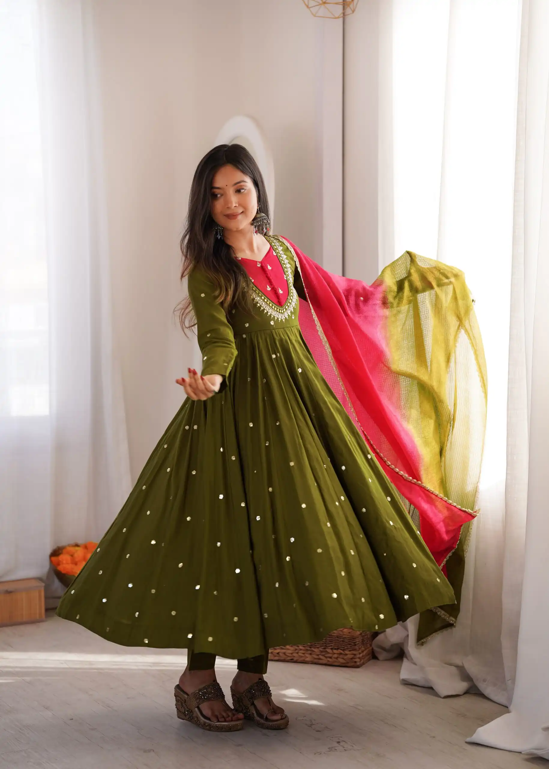 Lovely Mehandi Roman Silk Mirror Embroidery Work Gown