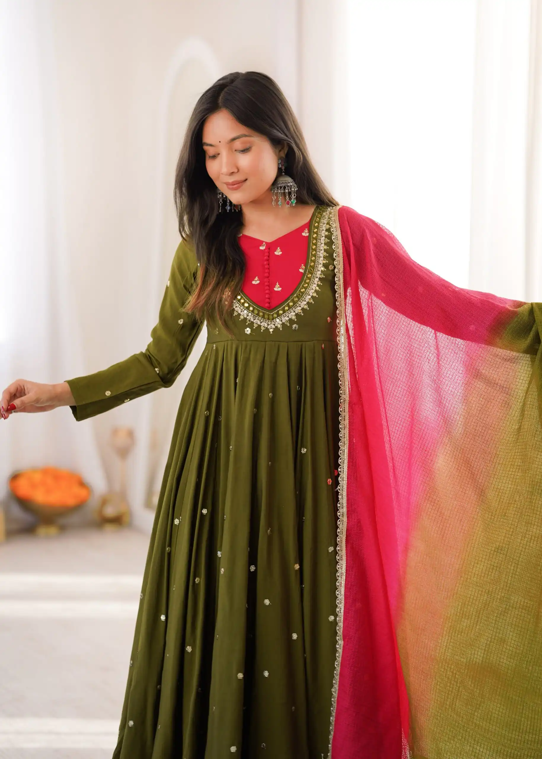 Lovely Mehandi Roman Silk Mirror Embroidery Work Gown