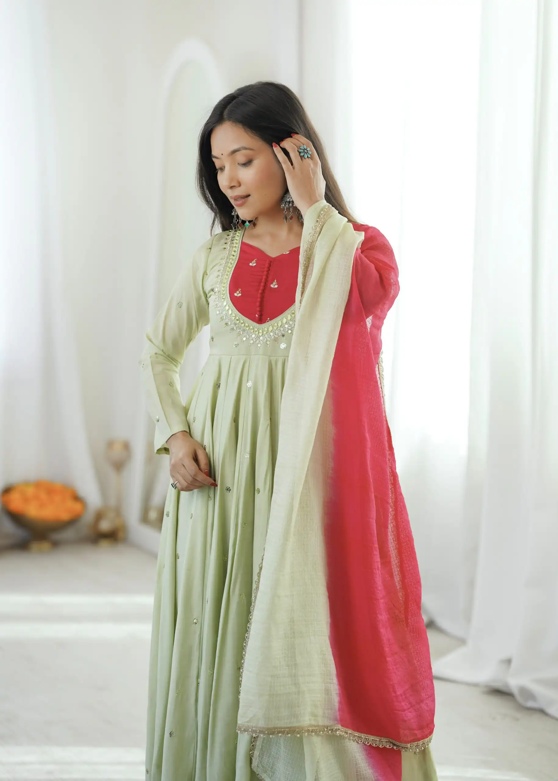 Lovely Pista Roman Silk Mirror Embroidery Work Gown .